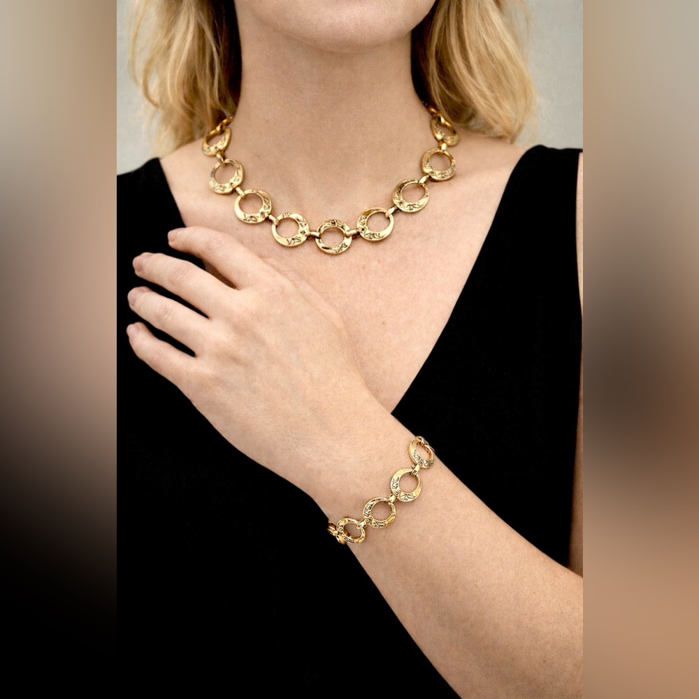 Vintage KARU ARKE Inc Gold Tone Floral Link Necklace & Bracelet Set Mid Century